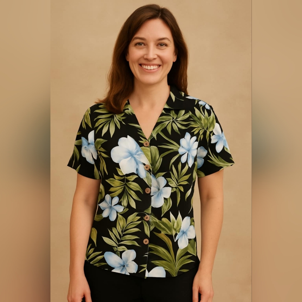 Marsh Landing Black and Green Graphic Button Down Shirt Summer Size M Rayon